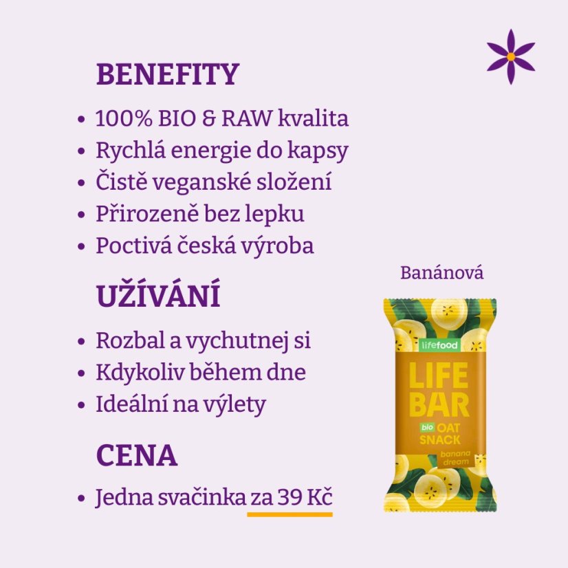 Banánová ovesná tyčinka ~ Lifebar 40g BIO RAW ~ benefity, užívání a cena za dávku