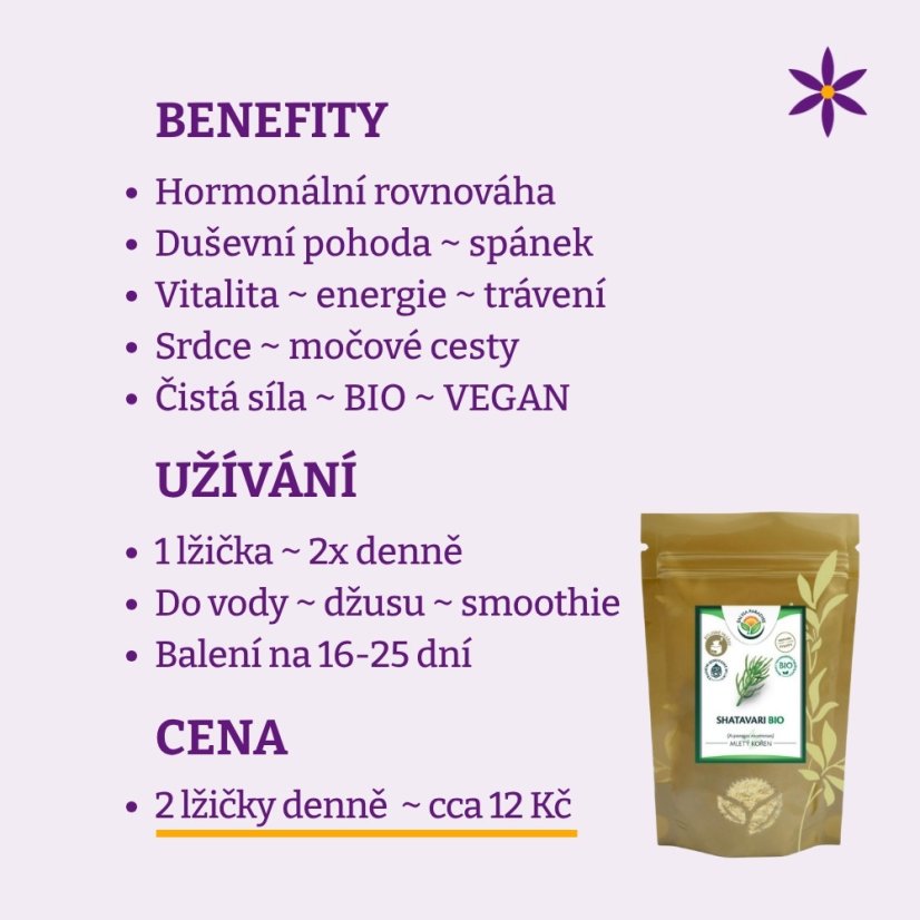 Šatavari ~ kořen mletý ~ benefity, užívání a cena za den 