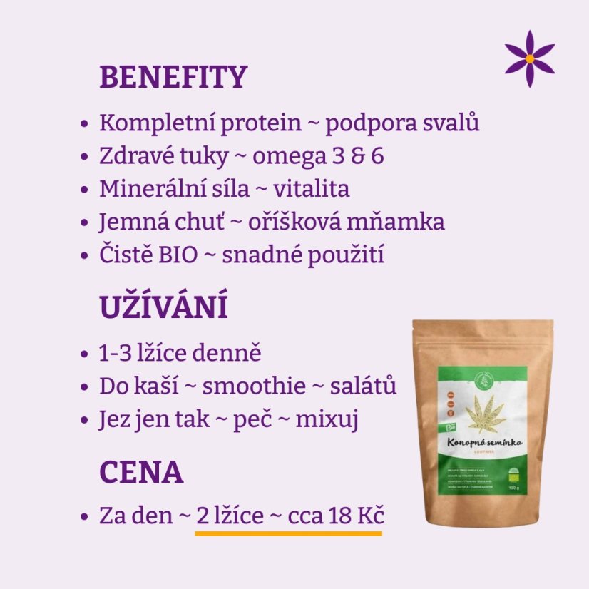 Konopné semínko loupané ~ benefity, užívání a cena za den 