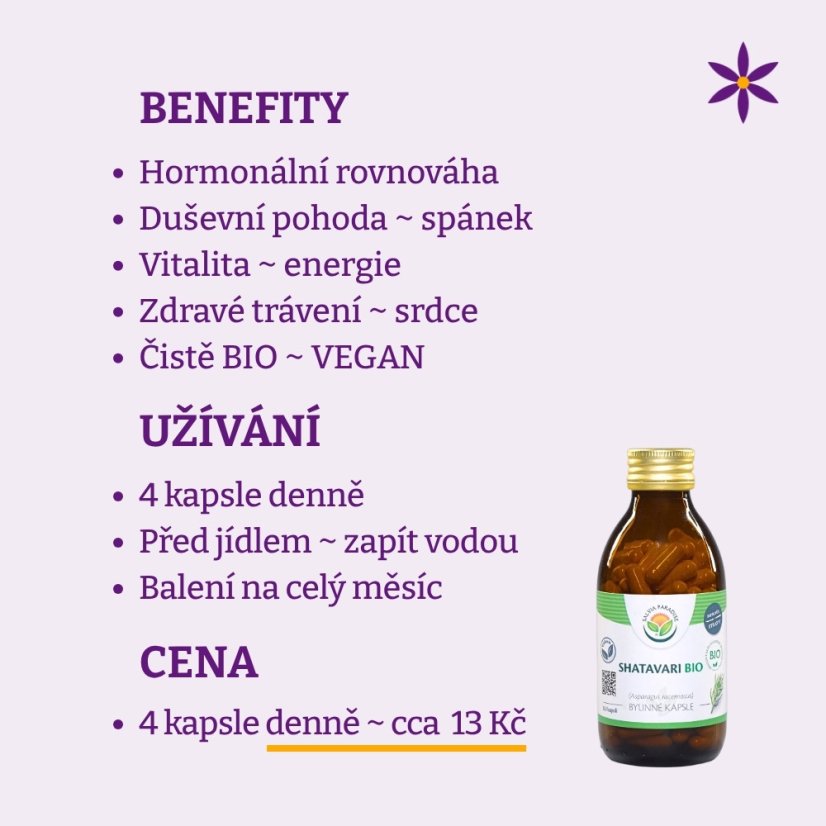 Šatavari ~ vegan kapsle ~ benefity, užívání a cena za den 