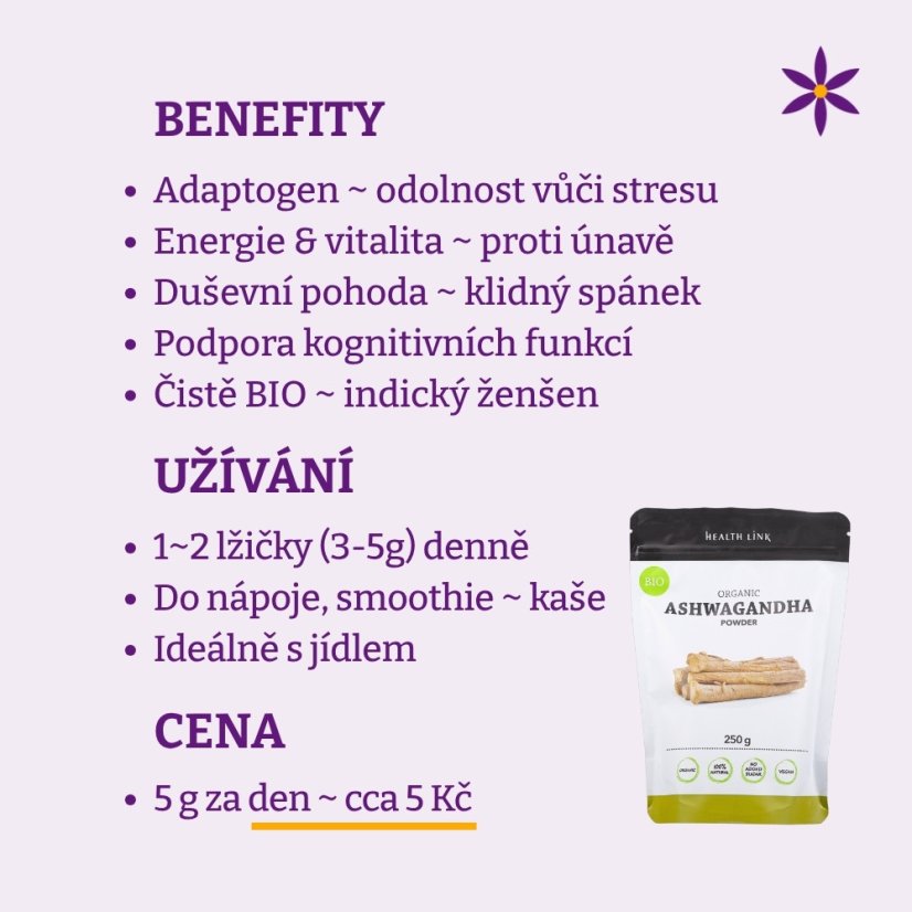 Ašvaganda jemně mletá ~ benefity, užívání a cena za den 