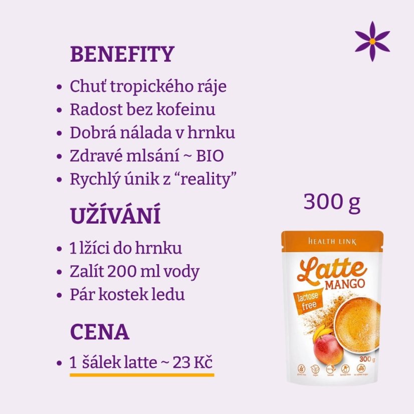 Mango + kokos ~ latte vegan nápoj 300 g ~ benefity, užívání a cena za den 