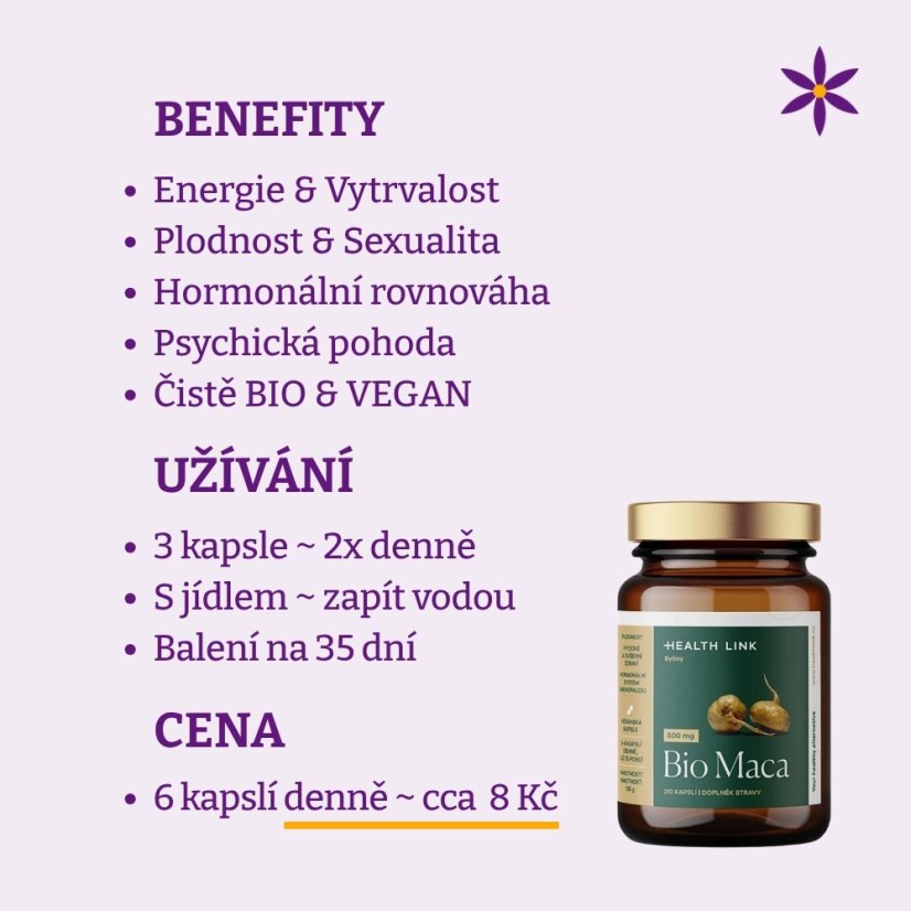 Maka ~ vegan kapsle ~ benefity, užívání a cena za den 