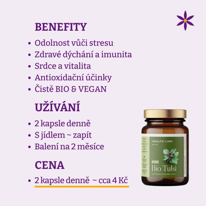 Tulsí vegan kapsle ~ benefity, užívání a cena za den 