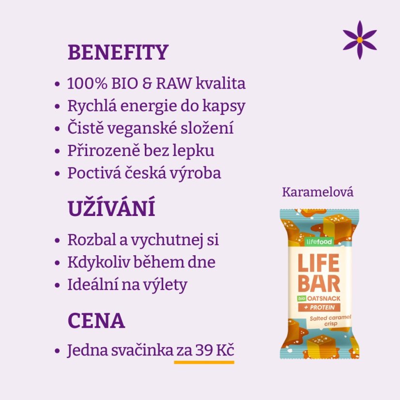 Karamelová ovesná tyčinka ~ Lifebar 40g BIO RAW ~ benefity, užívání a cena za dávku