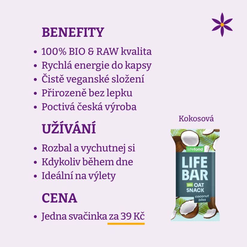 Kokosová ovesná tyčinka ~ Lifebar 40g BIO RAW ~ benefity, užívání a cena za dávku