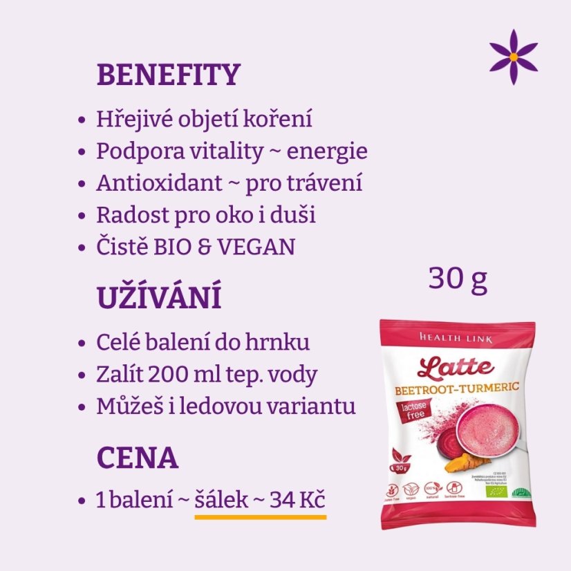 Řepa + kurkuma ~ latte vegan nápoj 30 g ~ benefity, užívání a cena za den 
