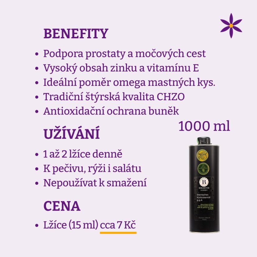Štýrský dýňový olej v dóze 1000 ml ~ benefity, užívání a cena za den