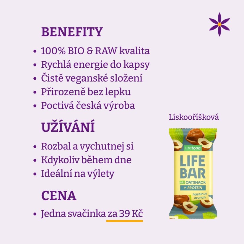 Lískooříšková ovesná tyčinka ~ Lifebar 40g BIO RAW ~ benefity, užívání a cena za dávku