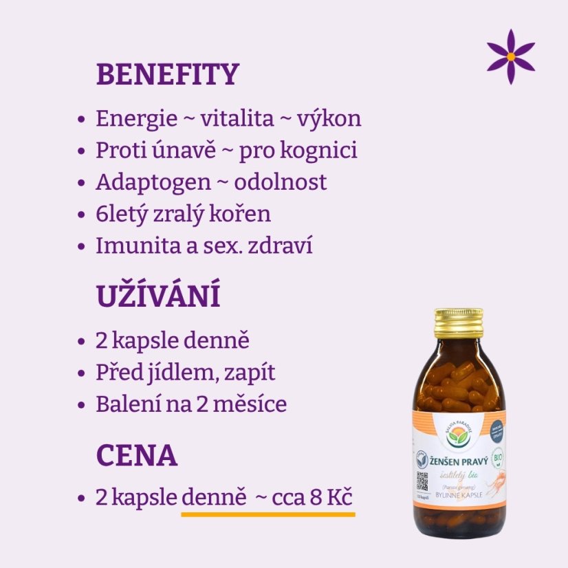 Ženšen pravý ~ vegan kapsle ~ benefity, užívání a cena za den 