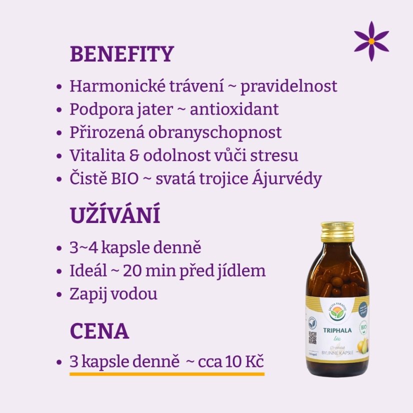 Triphala vegan kapsle ~ benefity, užívání a cena za den 