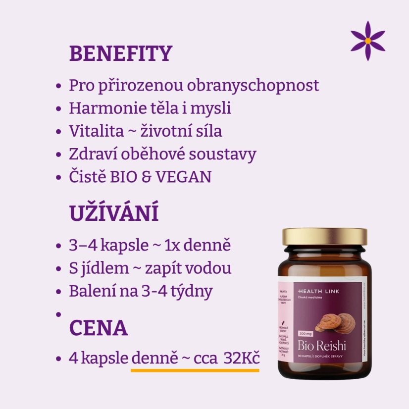 Reiši ~ vegan kapsle ~ benefity, užívání a cena za den 