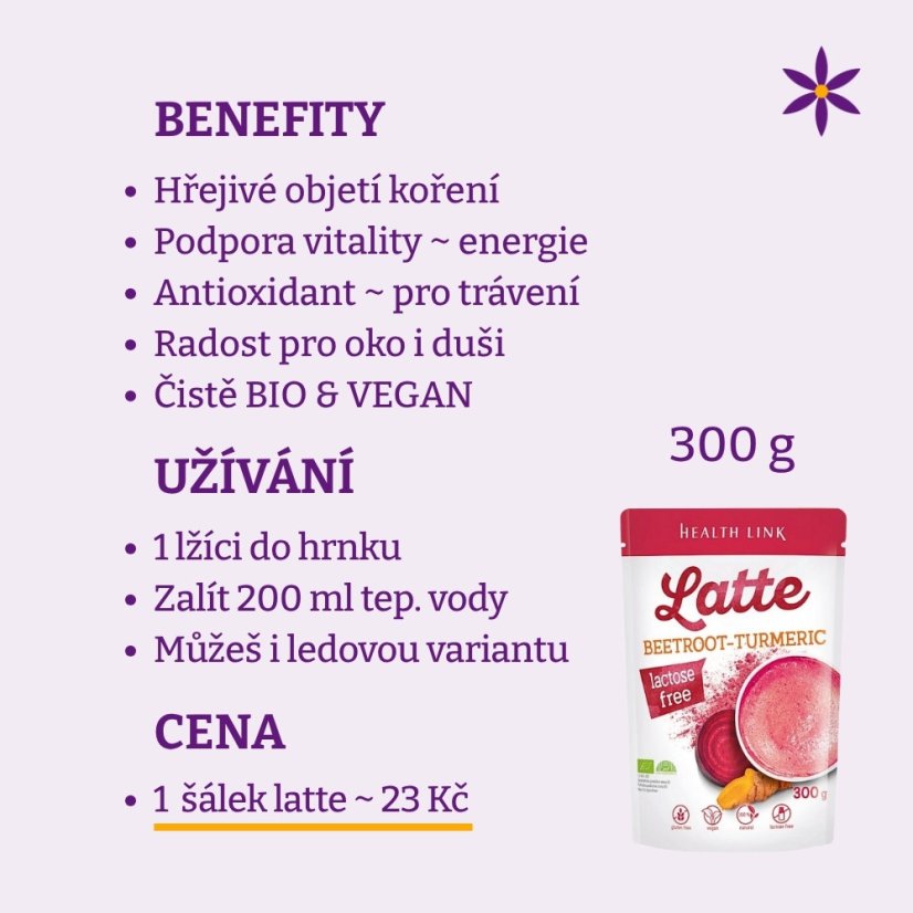 Řepa + kurkuma ~ latte vegan nápoj 300 g ~ benefity, užívání a cena za den 
