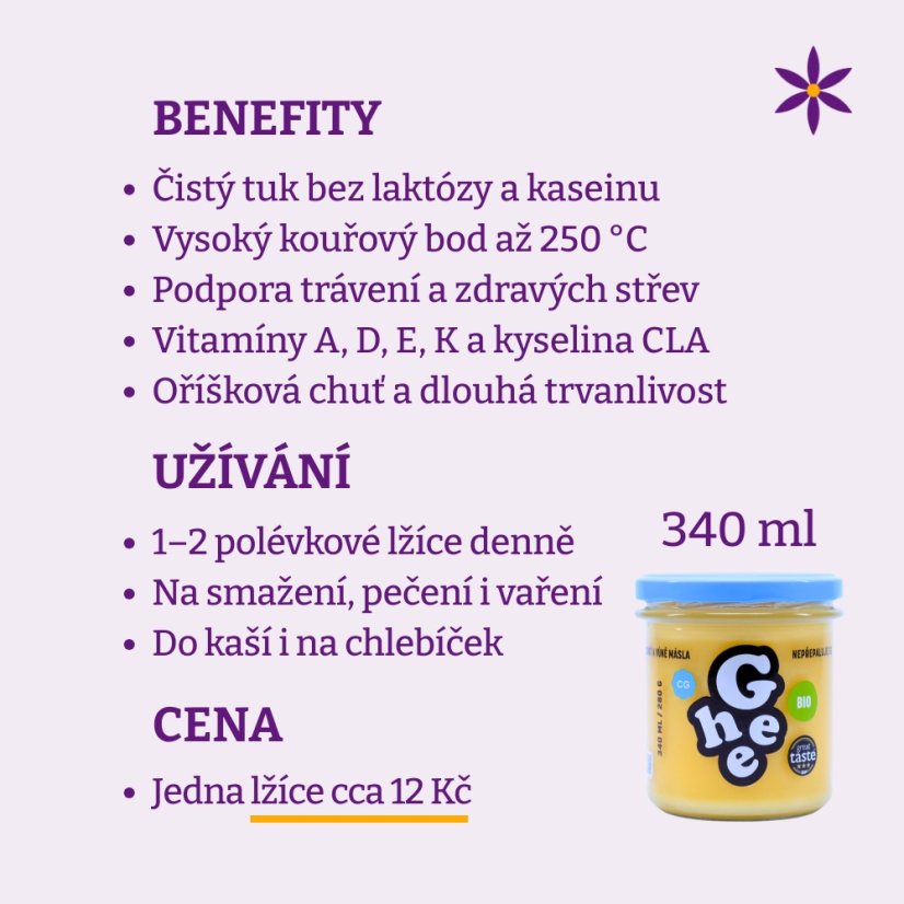 Ghí ~ přepuštěné máslo BIO 340 ml ~ benefity, užívání a cena za den