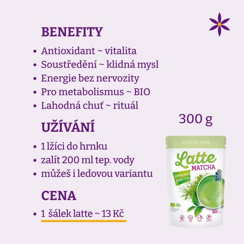 Matcha ~ latte vegan nápoj 300 g ~ benefity, užívání a cena za den