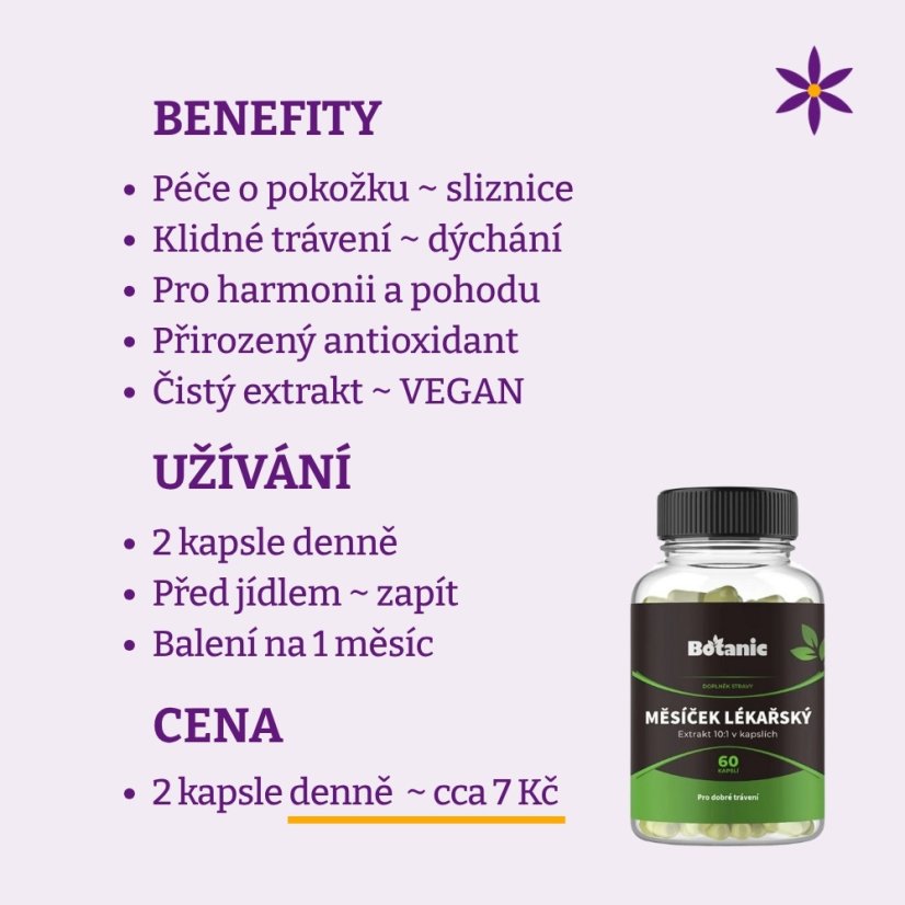 Měsíček lékařský ~ extrakt vegan kapsle ~ benefity, užívání a cena za den 