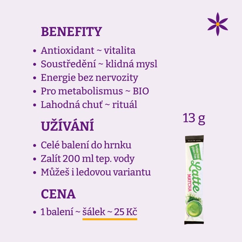 Matcha ~ latte vegan BIO nápoj ~ smaragdový prach - Hmotnost: 13 g