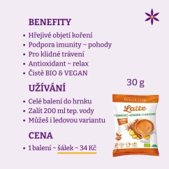 Kurkuma + zázvor ~ latte vegan nápoj 30 g ~ benefity, užívání a cena za den Kurkuma + zázvor ~ latte vegan nápoj 30 g ~ benefity, užívání a cena za den