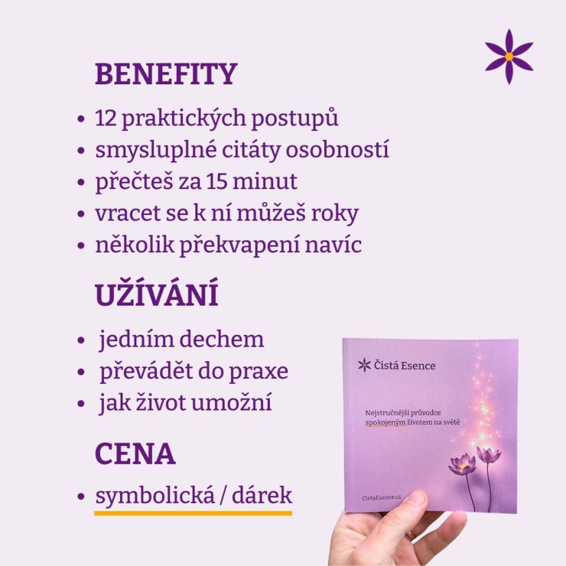 Kniha ~ Průvodce spokojeným životem ~ benefity, užívání a cena za den
