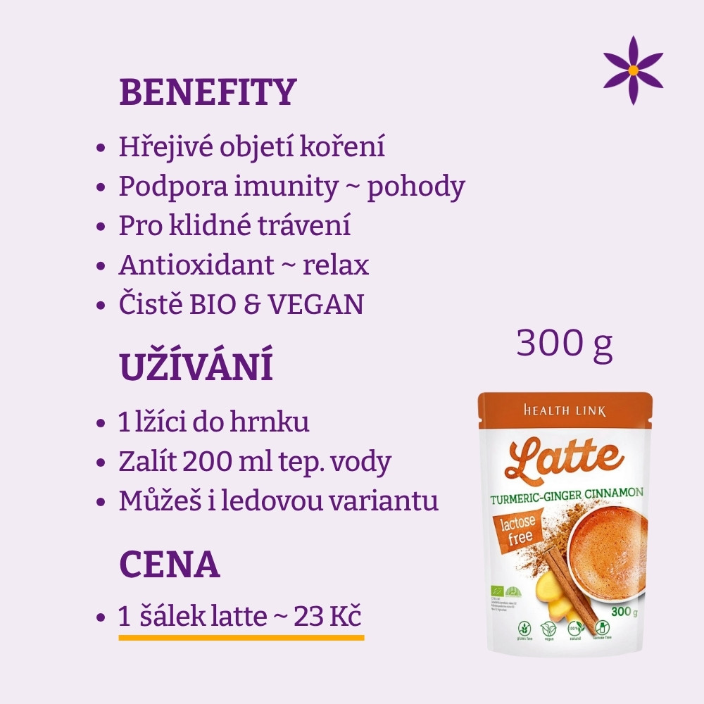 Kurkuma + zázvor ~ latte vegan nápoj 300 g ~ Benefit, užívání a cena za den