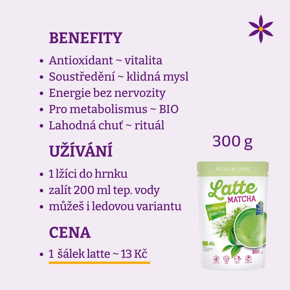Matcha ~ latte vegan nápoj 300 g ~ Benefit, užívání a cena za den