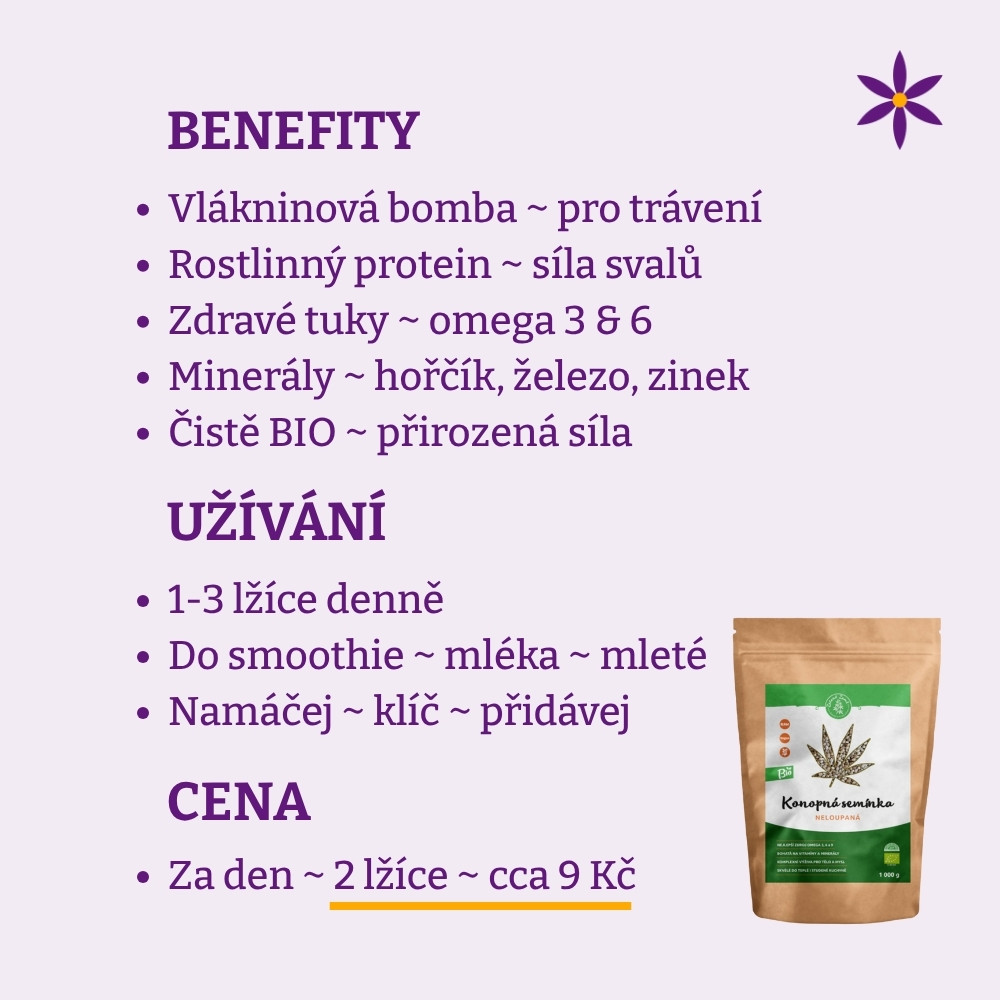 Konopné semínko neloupané ~ Benefit, užívání a cena za den
