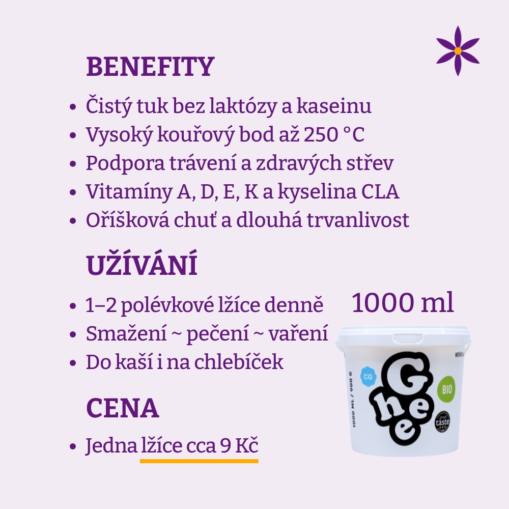 Ghí ~ přepuštěné máslo BIO ~ Benefit, užívání a cena za den