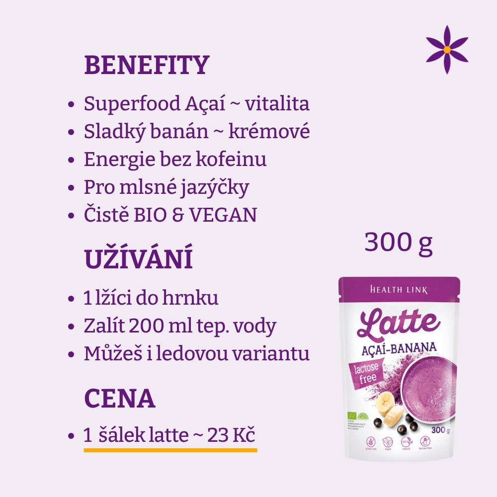 Acaí + banán ~ latte vegan nápoj 300 g ~ Benefit, užívání a cena za den