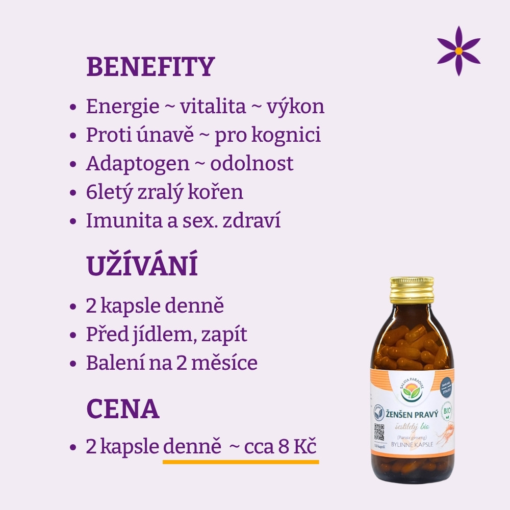 Ženšen pravý ~ vegan kapsle ~ Benefit, užívání a cena za den